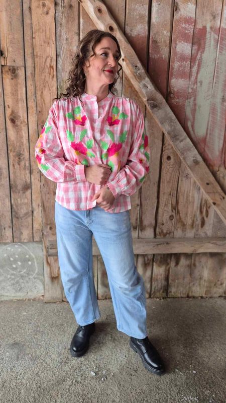  BOHEME Checkered Bluse Rosa w Brodery