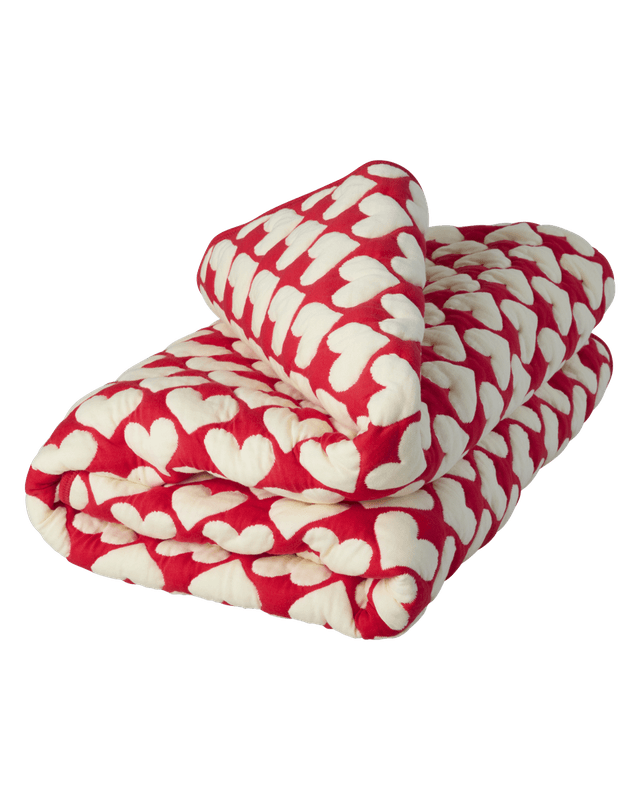 QUILT Bomullspledd Heart Pattern - Cream and Red